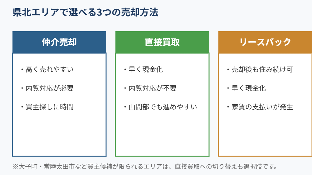茨城県北エリア 売却方法3つの比較 仲介 買取 リースバック