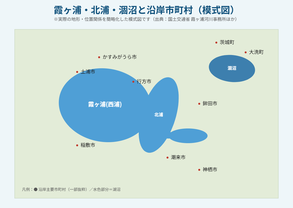 霞ヶ浦・北浦・涸沼と沿岸市町村の模式図