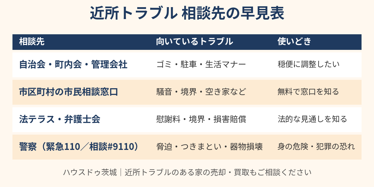 近所トラブルの相談先の早見表（自治会・市役所・法テラス・警察）｜ハウスドゥ茨城