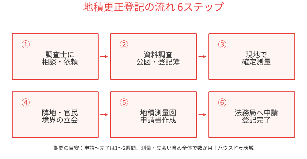 地積更正登記の流れ6ステップ|調査から確定測量・隣地確認・法務局申請まで|ハウスドゥ茨城