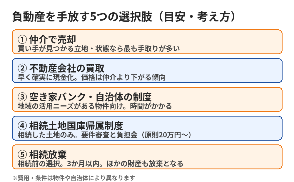 負動産を手放す5つの選択肢の図解|売却・買取・空き家バンク・国庫帰属・相続放棄|ハウスドゥ茨城