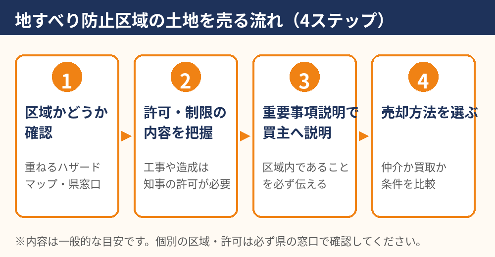 地すべり防止区域の土地を売却する流れ4ステップの図解｜ハウスドゥ茨城