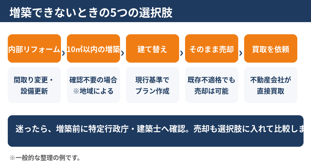 増築できない家の5つの選択肢（内部リフォーム・10㎡以内の増築・建て替え・そのまま売却・買取）の図解｜ハウスドゥ茨城