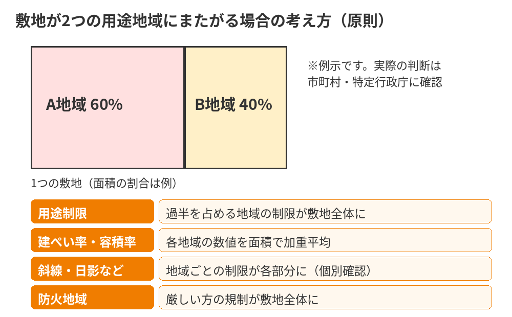 用途地域がまたがる場合の建築制限|用途制限・建ぺい率・容積率の考え方(茨城県の不動産売却 ハウスドゥ)
